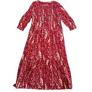 Like New Soft Surroundings Lined RedWhite 3/4 Sleeve Floral Smocked Maxi Sz 16